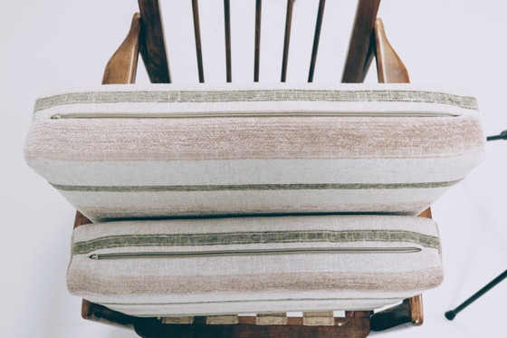 Image 1 of Vintage fauteuil naturel Lin beige wit gestreept houten frame 1965 mcm design