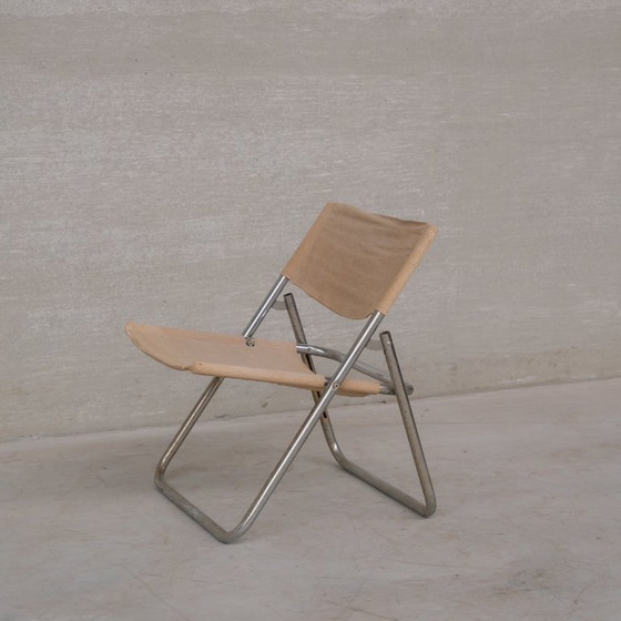 Image 1 of Niels Gammelgaard 'Cox' Folding Linen Mid-Century Chrome Lounge Chair
