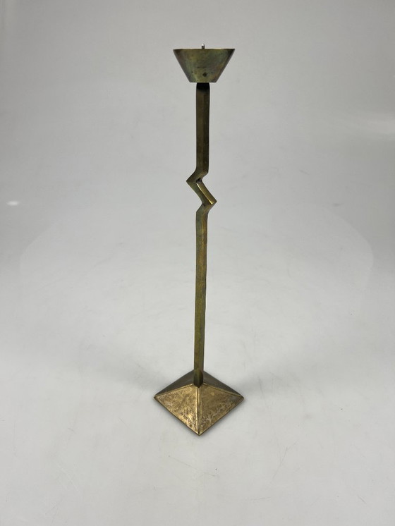 Image 1 of Vintage Zig Zag Candlesticks, Set of Two, Brass, Memphis Style, 1980s
