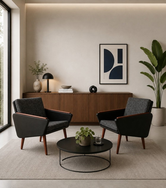 2 Vintage Danish Faux Leather Armchairs, Newly Upholstered Cushions – Skai, Wood (photo 15 of 15)