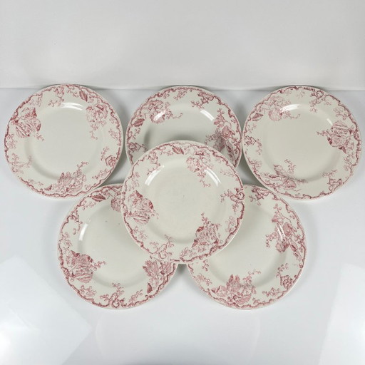 Set di Piatti Piani Lunéville Terre de Fer da 6 KG, "Fontainebleau", Rosa, XIX Secolo