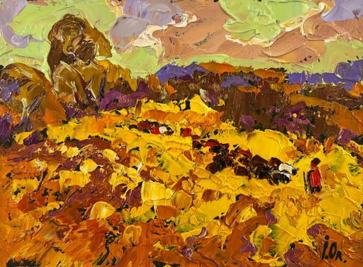 Pintura al óleo original Paisaje de campo al atardecer El otoño se asoma por el horizonte