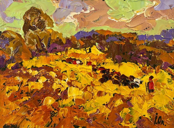 Image 1 of Original Oil Painting Evening Field Landscape Autumn is floating over the horizon