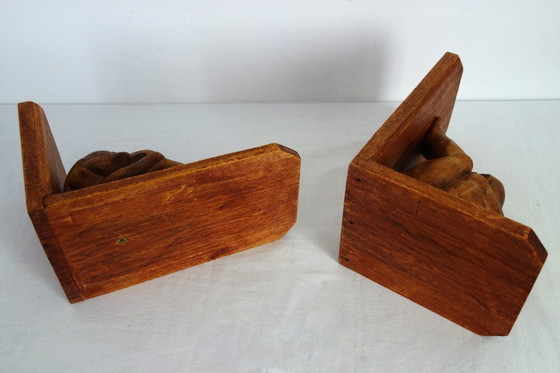 Image 1 of Vintage wooden bookends, weeping Buddha