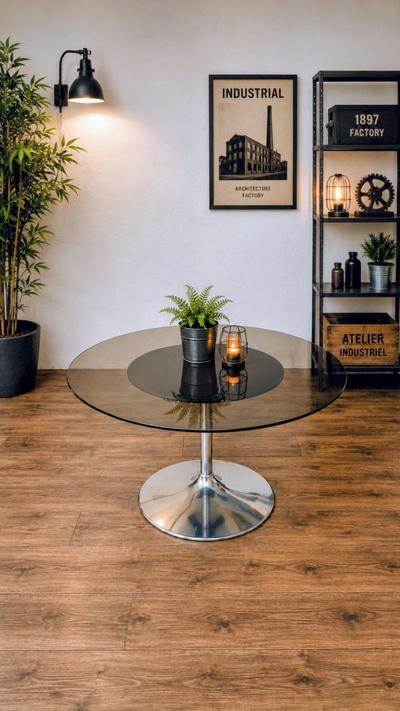 Tavolo e sedie vintage a forma di tulipano. – tacke Mobel, Set da pranzo, Glass, Metal (photo 3 of 5)