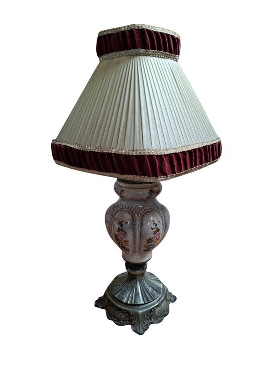 Image 1 of Vintage Hand-Painted Ceramic and Bordeaux Velvet Table Lamp