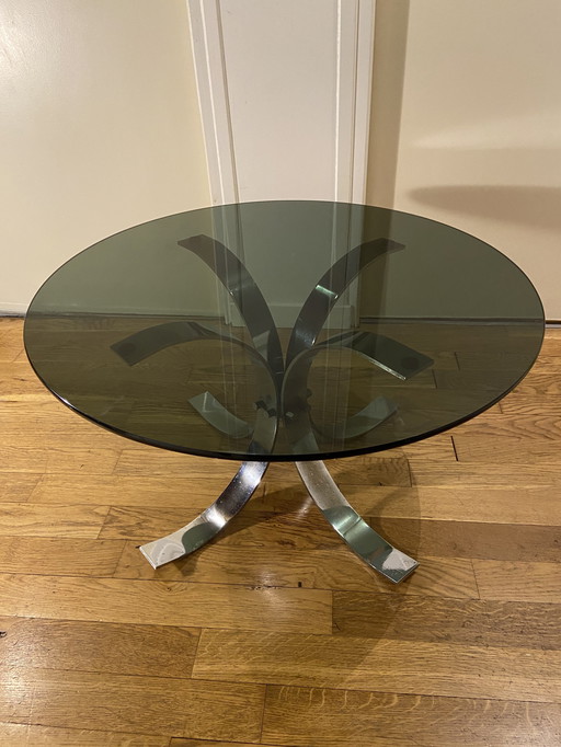 Vintage 70s coffee table - smoked glass & chrome-plated base