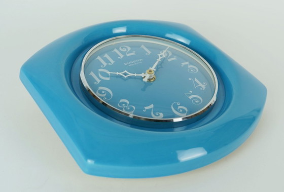 Image 1 of blue vintage ceramic WALL CLOCK kitchen clock dugena herbolzheimer 1960s 70s west german pottery