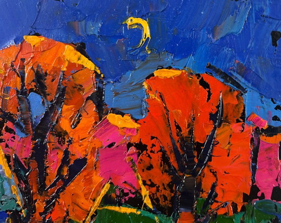Image 1 of Original Oil Painting Sunset House Landscape When evening falls over the land