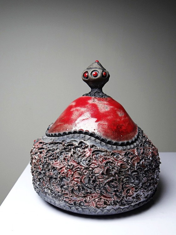Image 1 of Vintage 2000s handcrafted raku jewelry box in red and grey