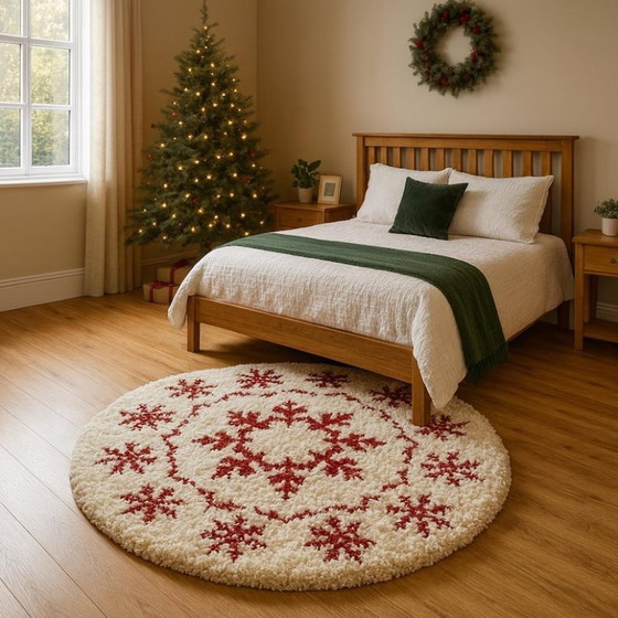 Image 1 of CHRISMAS Handmade Wool Snowflake Rug: Red & White Christmas Decor