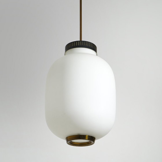 Image 1 of Chandelier in white opaline glass and brass, 1950s