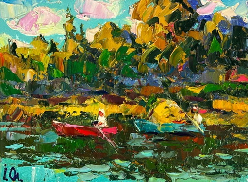 Peinture à l'huile originale représentant un paysage naturel en forêt d'été, sur des bateaux le long de la rivière