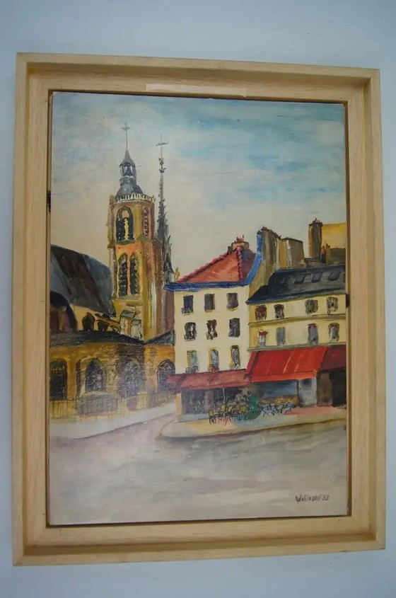 1980er Georges Wolinski "Blick auf Paris" Französisches Stadtbild Ölgemälde auf Holztafel, signiert und (photo 3 of 8)