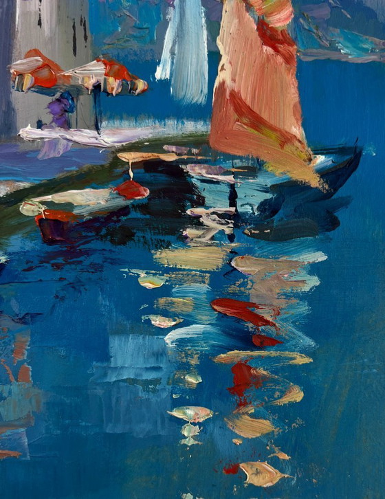 Image 1 of Original Oil Painting Coastal City Landscape The sea gently caresses the buildings