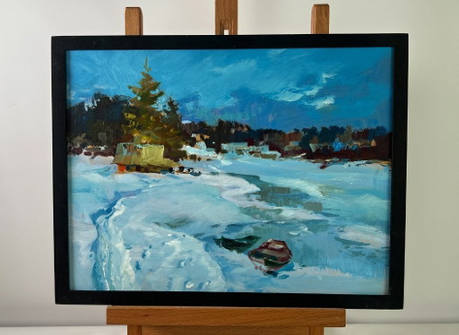 Original Oil Painting Snow Field Landscape Frozen winter river