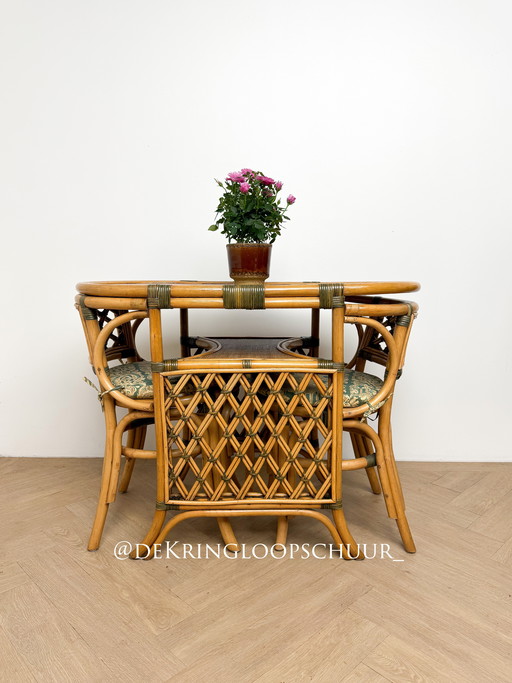 Vintage rotan bamboe bistroset, balkonset, tafel en twee stoelen