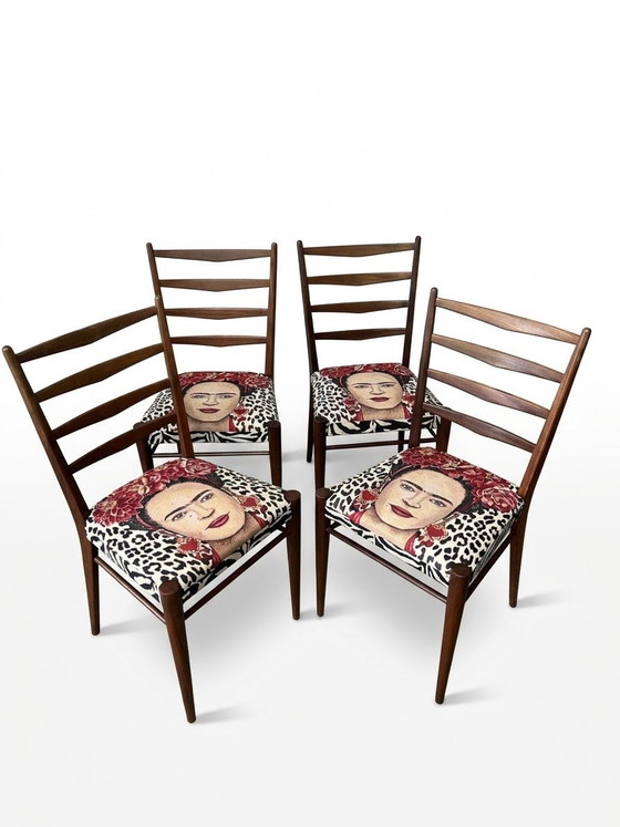 4 vintage wooden chairs Frida Kahlo image new fabric, Dining chairs, Textile, Pink (photo 2 of 6)