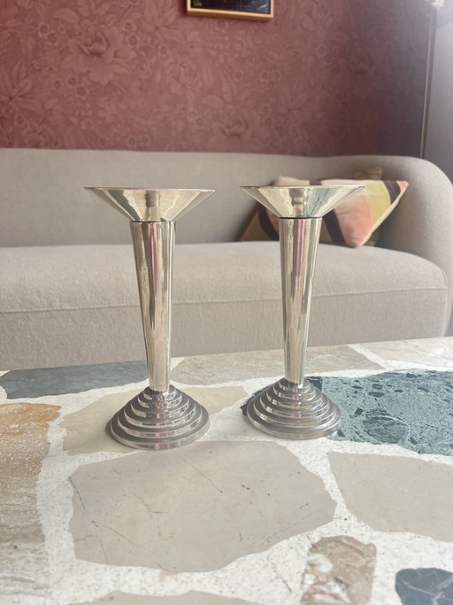Beautiful Set of Original Art Deco Candlesticks – Chrome – 1930s – Bauhaus Style – decoratieve objecten (photo 2 of 8)