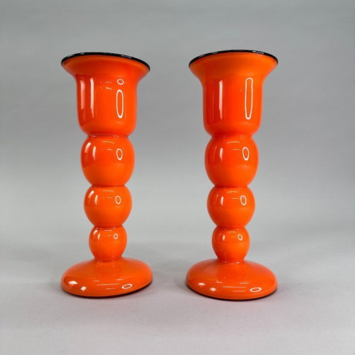 Set of Art Deco "Tango" vases – orange with black rim – ca. 1920–1930, Loetz Wwe. / Michael Powolny