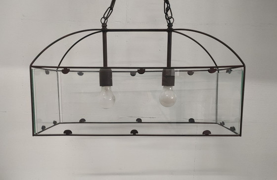 Image 1 of Ensemble de lampes suspendues rétro Amedi en verre/métal des années 90 (1 grande/double) 2 simples.