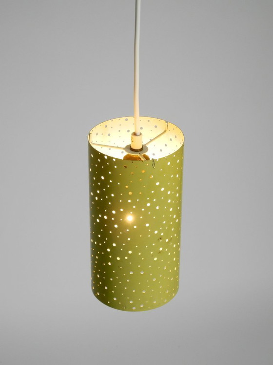 Image 1 of Beautiful mid-century pendant lamp in perforated metal, mustard yellow, by Ernest Igl for Hillebrand