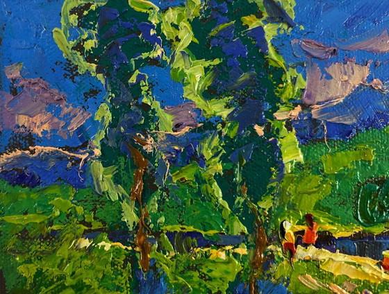 Image 1 of Original Oil Painting Evening Nature Landscape Summer vacation and field paths