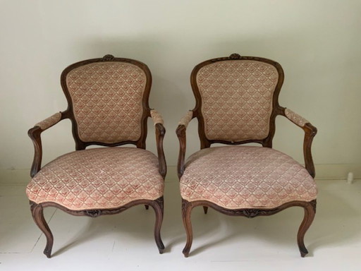 Coppia di antiche poltrone Luigi XV con tessuto in velluto