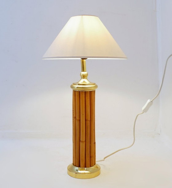 Image 1 of Lampada da tavolo vintage in bambù e ottone - anni '80