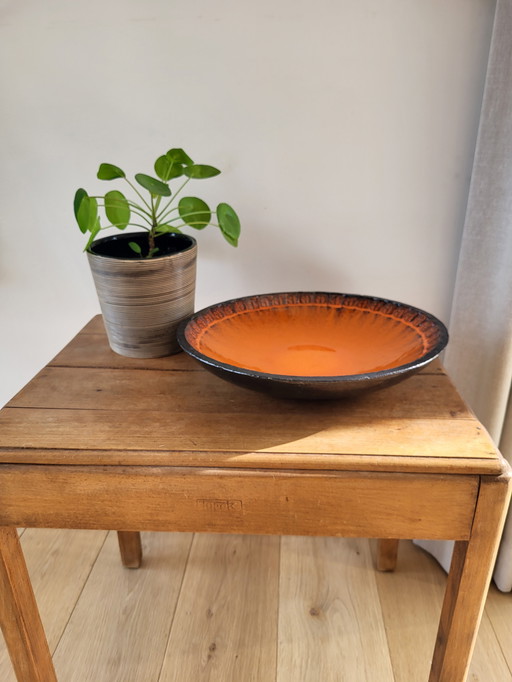 Fat lava bowl round ceramic, probably Jan Van Erp, orange and black glazed