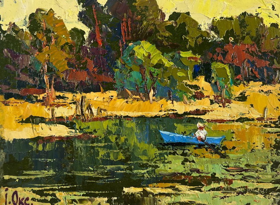 Image 1 of Original Oil Painting Autumn Forest Landscape Dawn over a quiet river