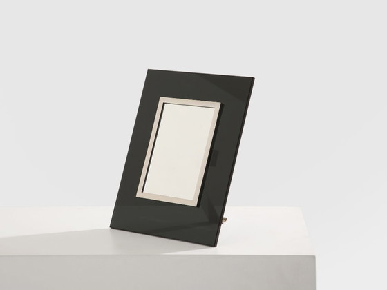 Image 1 of La Maison Desny Art Deco nikkelmetalen opaalglazen tafelspiegel uit de jaren 1930