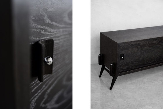 Image 1 of Vintage Mid-Century Scandinavian Modern Dark Oak Sideboard with Wooden & Metal Handles, 1960s