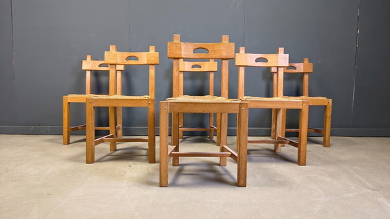 Image 1 of Vintage oak and wicker brutalist chairs, 1960s - set of 6