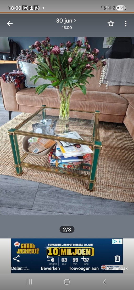 Prachtige vintage glazen tafel ,Hollywood Regency style – salontafels, Glass, Metal