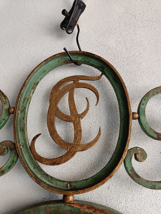 Image 1 of French wrought iron wall mirror coat rack, 1930s–40s, large decorative entry piece