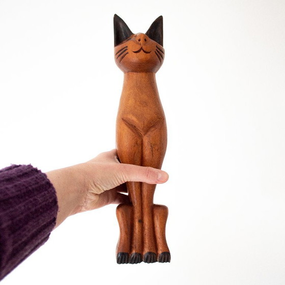 Image 1 of Statue de chat siamois vintage en bois sculpté à la main, de style art populaire