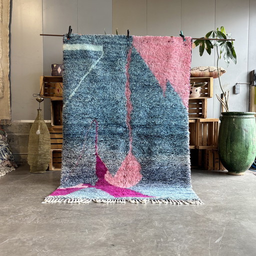 Colorful Moroccan Mrirt Wool Rug 165x270 cm – Blue Pink Fuchsia Abstract High-Pile Carpe
