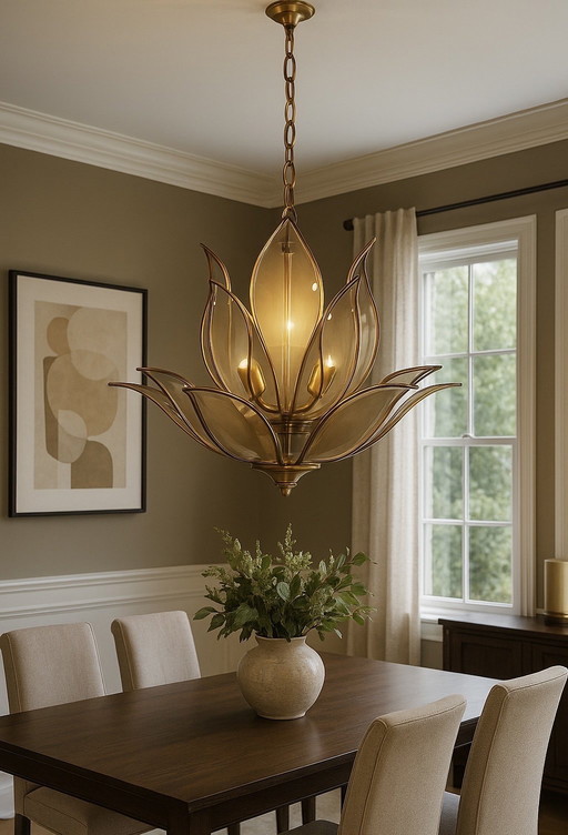 Large vintage 'Lotus' pendant lamp of smoked glass and brass - Hollywood Regency style