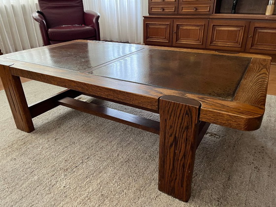 Image 1 of Eiken houten salontafel met ingelegde tegels