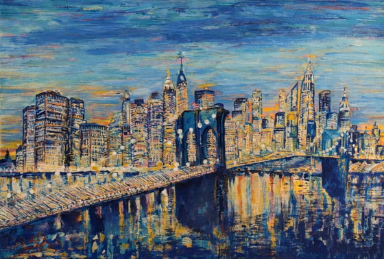 Image 1 of Contemporary acrylic painting, signed Zély. Brooklyn at dusk.