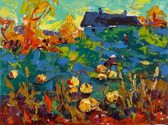 Image 1 of Original Oil Painting Summer House Landscape Work in the Garden