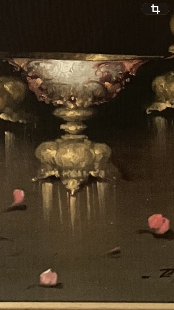 Image 1 of Groot Klassiek Stilleven R. Hunther - Gouden Vazen & Bloemen - Luxe Lijst