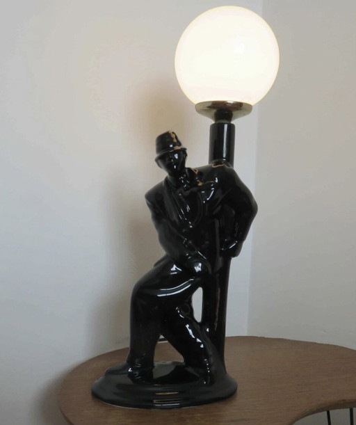 Large Black Ceramic and White Opaline Ball Lamp "Homme Au Lampadaire