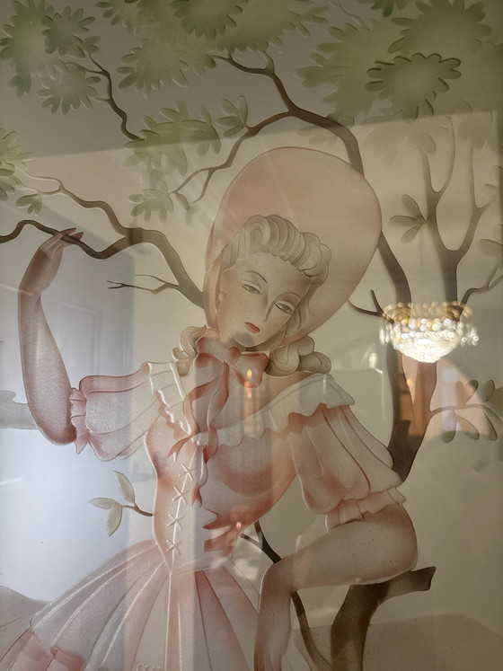 Mid-Century Romantic Pastoral Etched Mirror - Tinted Acid-Engraved Glass Art, Wood, Brown (photo 4 of 5)