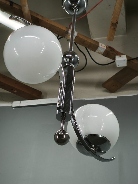 1930s Art Deco Chrome and Opaline Glass Two-Light Chandelier, Czechoslovakia, Metal, Silver (photo 6 of 10)