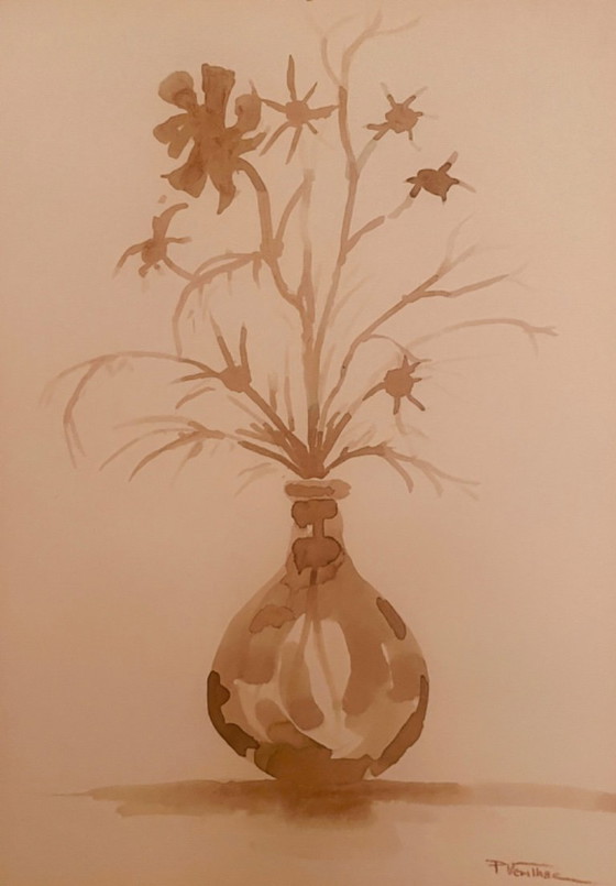Image 1 of Set of 3 still life paintings with vases of dried flowers, Wabi Sabi style
