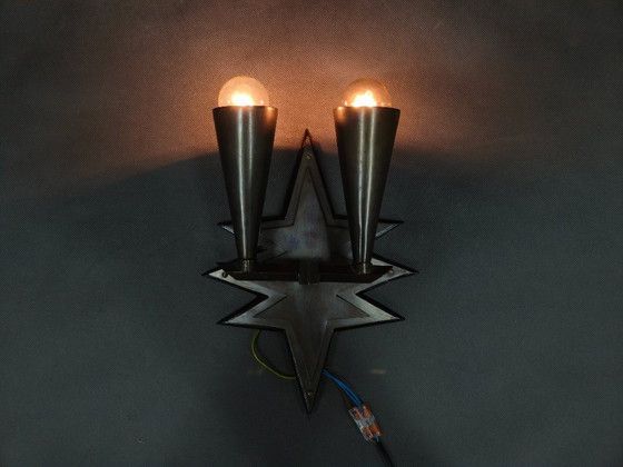 Image 1 of Pair of Czech Cubist Brass Wall Lights, Czechoslovakia, 1920s