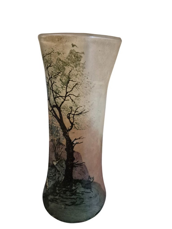 Glass Vase with Landscape Decor, legras, Green, Art Nouveau (photo 4 of 13)