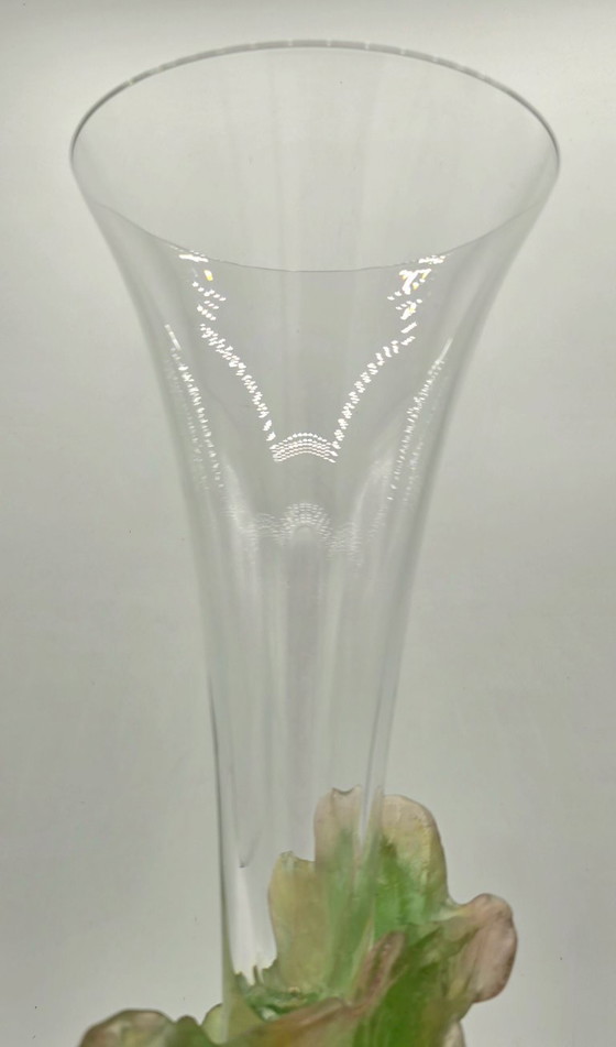 Image 1 of Daum - soliflore vase in crystal and green glass paste with vegetal decoration